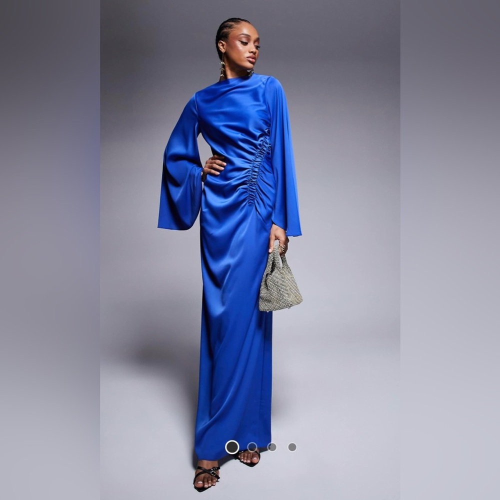 ASOS DESIGN Tall Exaggerated Sleeves Bias Cut Maxi Dress Ruched Waist in Blue ✨